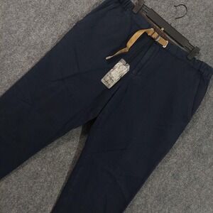 White Sand Pants Mens 52 Navy Blue Cotton Linen Belted Made In Italy Trousers